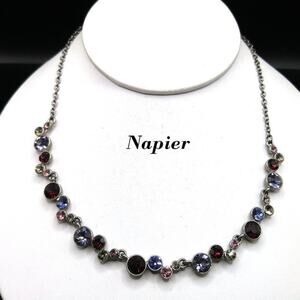 Napier Rhinestone Necklace, Silver Tone, Rhinestones Purple Blue Pink Clear, 19"